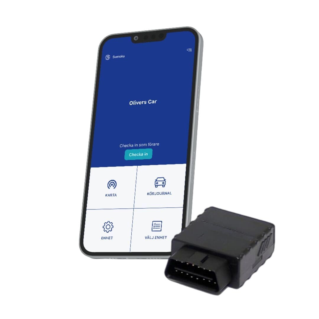 Bild på NorthTrackers app i telefonen. Bredvid telefonen ligger en OBD-enhet